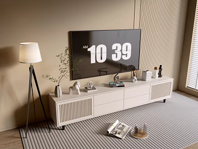 Modern White TV Stand With Flat Screen TV Decorative Items And Floor Lamp 3d model