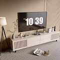 Modern White TV Stand With Flat Screen TV Decorative Items And Floor Lamp