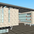 Modern Office Building With White Facade Large Glass Windows Overhanging Roof And Open Plaza