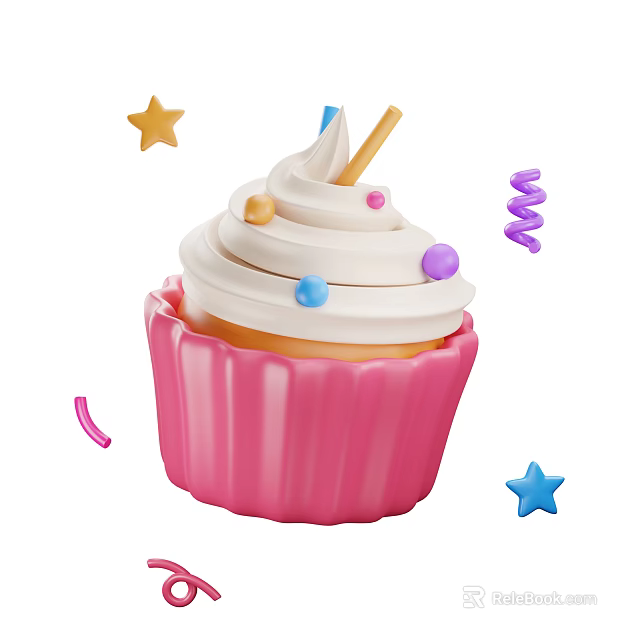 Delicious Pink Cupcake Topped With Whipped Cream Colorful Sprinkles Stars And Streamers 3d model 