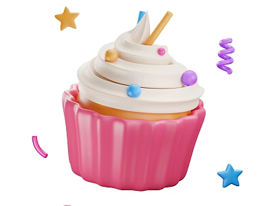 Delicious Pink Cupcake Topped With Whipped Cream Colorful Sprinkles Stars And Streamers 3d model