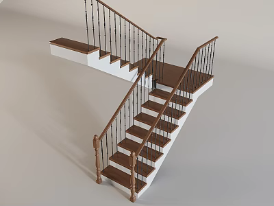 Modern Staircase Design With Wooden Steps White Risers Brown Handrail And Metal Balusters 3d model