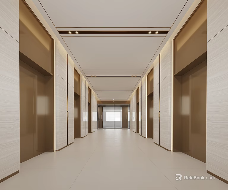 Modern Elevator Lobby Interior With Light Walls Decorative Panels And Ceiling Lights 3d model 