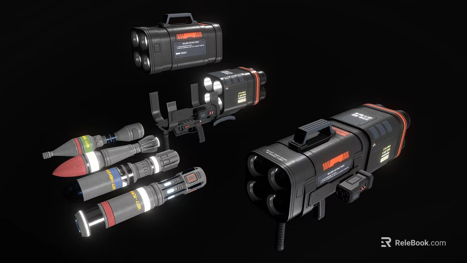 Modern Weapon Collection Featuring Multiple Launcher Designs With Black And Red Details 3d model