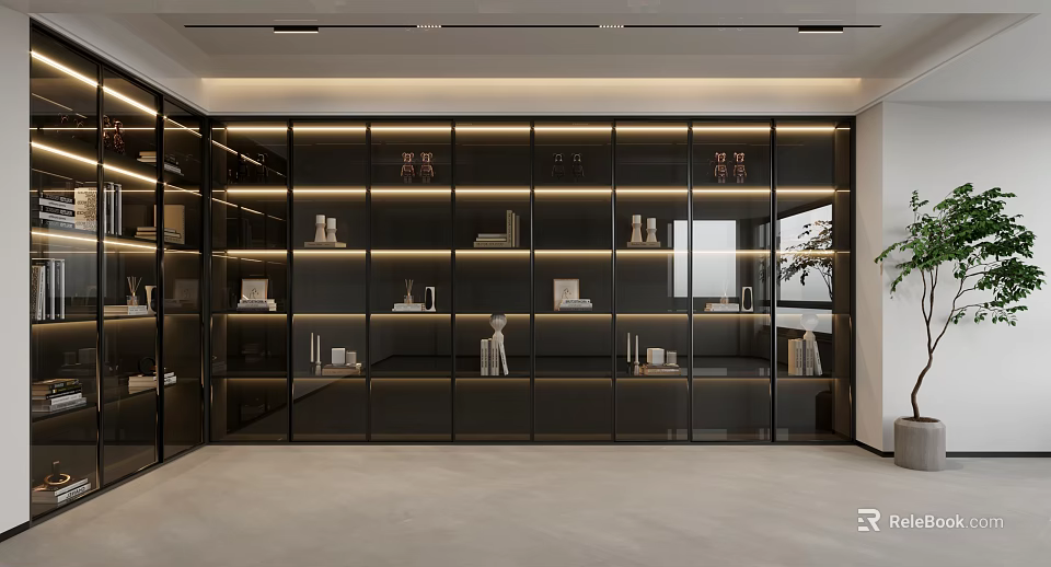 Modern Bookcase with Glass Doors Layered Shelves Built-in Lighting and Displayed Books and Decor Items 3d model 