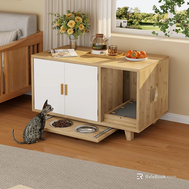 Modern Wooden Pet Cabinet With White Doors Drawer Tray And Cat Feeding Bowls 3d model 