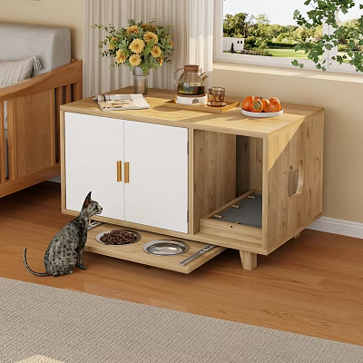 Modern Wooden Pet Cabinet With White Doors Drawer Tray And Cat Feeding Bowls 3d model