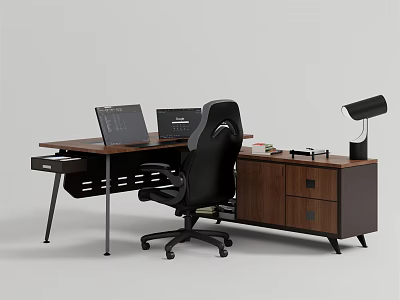 Modern Office Desk Setup With Dual Monitors Black Chair Side Cabinet And Desk Lamp 3d model