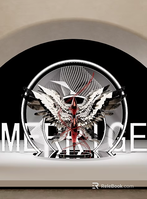 Winged Logo Design With Circular Frame Red Silver Elements And MERGE Text 3d model