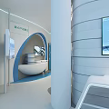 Modern White Exhibition Hall Interior With Curved Walls Display Stand And Screen