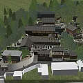 Traditional Modern Guesthouse Architecture with Sloped Wooden Roofs and Lush Green Surroundings