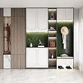 Modern Shoe Cabinet Design With Wooden White Panels Green Accent Hangers And Shoe Storage