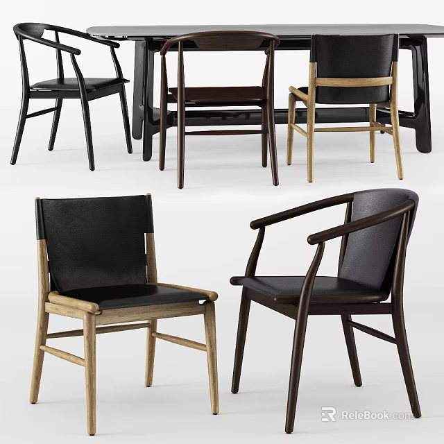 Modern Dining Table Set With Wooden Frame Chairs And Leather Seats In Various Styles 3d model 