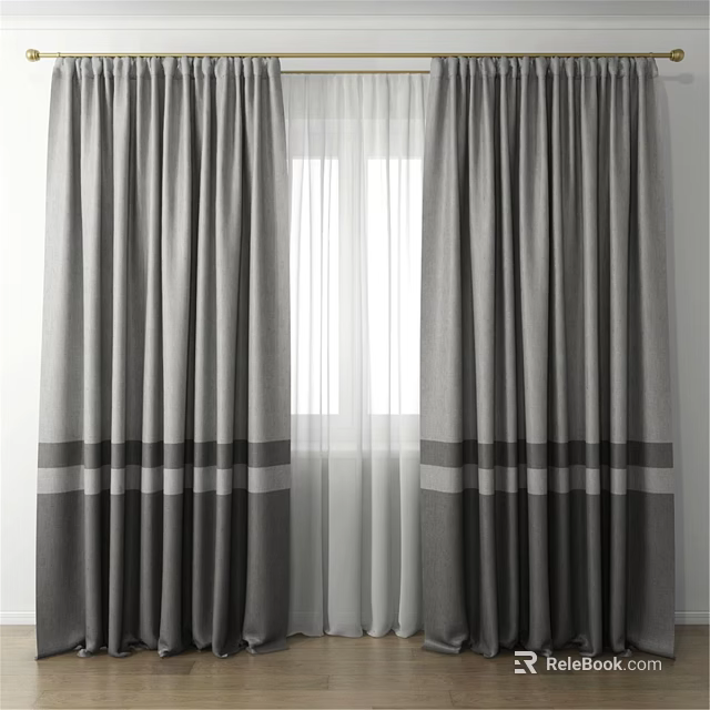 Gray Striped Curtains With White Sheer For Modern Window Interior 3d model 