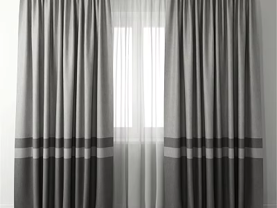 Gray Striped Curtains With White Sheer For Modern Window Interior 3d model