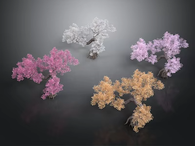 Colorful Decorative Trees With Pink White Purple Orange Foliage On Dark Background 3d model