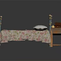 Vintage Bedroom Interior With Iron Bed Patterned Bedspread Wooden Nightstand Vintage Telephone And Brown Trunk