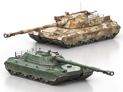 Two Military Tanks With Camouflage And Green Color Schemes On White Background 3d model