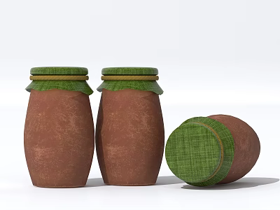 Brown Ceramic Wine Bottles With Green Woven Lids Upright And Tilted Design 3d model