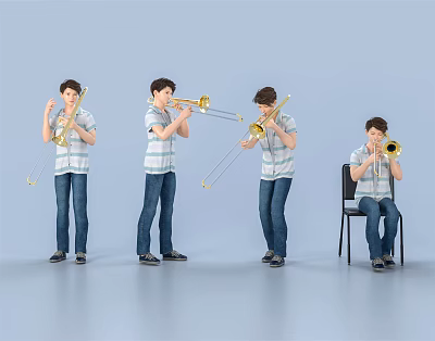Several Men Playing the Trombone in Standing and Sitting Positions 3d model