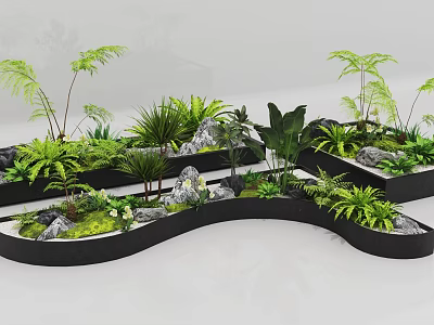 Decorative Plant Combination With Various Plants Stones And Black Curved Planters 3d model