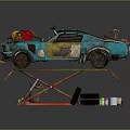 Turquoise Modified Car On Repair Lift With Yellow Engine Parts And Mechanical Tools