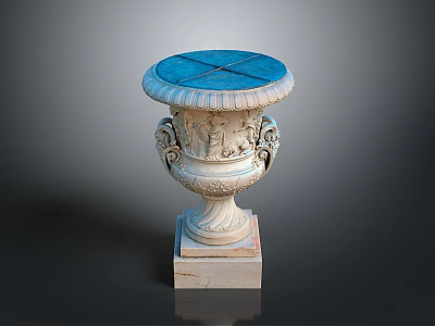 Classical Stone Urn With Carved Floral Patterns And Decorative Handles Blue Lid Square Base 3d model
