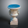 Classical Stone Urn With Carved Floral Patterns And Decorative Handles Blue Lid Square Base
