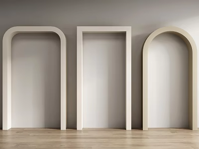 Three Arched Doorways In Interior With Grey Wall And Wooden Floor 3d model