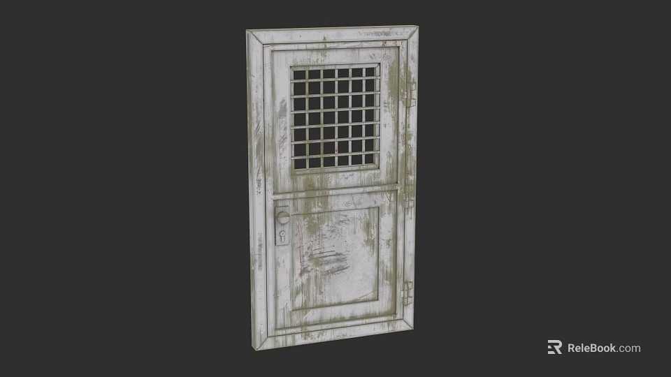 Old Rusted Swing Door With Weathered White Surface And Grid Window 3d model 