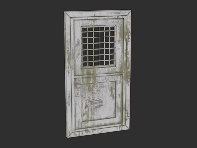 Old Rusted Swing Door With Weathered White Surface And Grid Window 3d model
