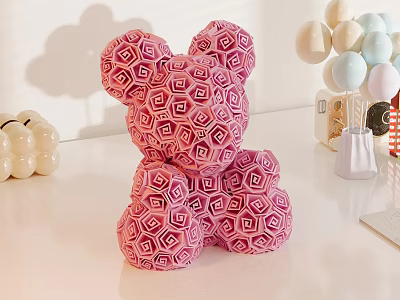 Pink Geometric Pattern Fabric Bear Doll Sitting on White Table with Decorative Balls 3d model