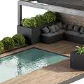 Outdoor Patio Design With Wooden Deck Small Pool Green Plants And Sofa Seating Area