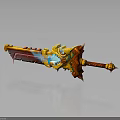 Ornate Mythical Sword With Golden Red Hilt And Glowing Blue Blade Accents