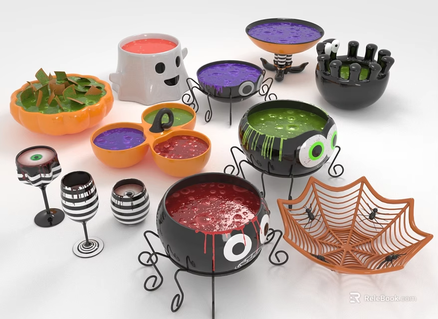 Halloween Decorative Ornament Set With Pumpkin Ghost Eye Design And Spider Web Decor 3d model 
