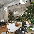 Industrial Style Café Interior With Concrete Structure Green Plants Pendant Lights And Canopy Decoration