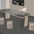 Elegant Modern Tea Table Set With Marble Top Beige Stools And White Chair 3d model