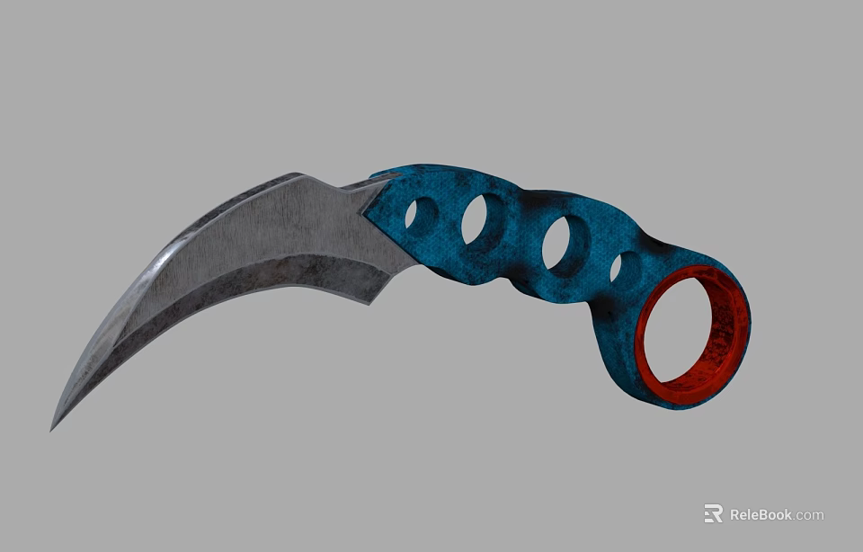 Tactical Weapon With Curved Metal Blade Blue Red Handle And Multiple Circular Holes Design 3d model 