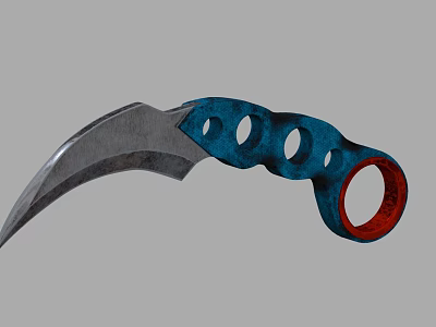 Tactical Weapon With Curved Metal Blade Blue Red Handle And Multiple Circular Holes Design 3d model
