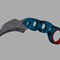 Tactical Weapon With Curved Metal Blade Blue Red Handle And Multiple Circular Holes Design
