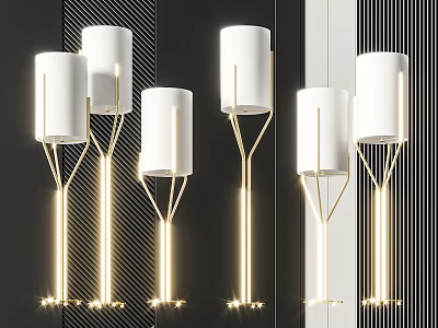 Elegant Modern Floor Lamps With White Shades And Golden Tripod Stands Design 3d model