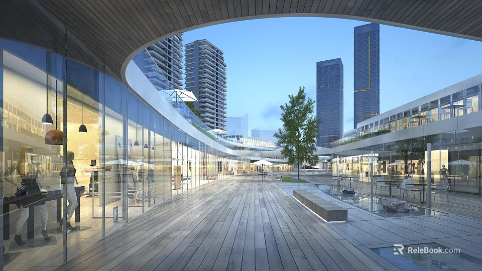 Modern Commercial Street with Glass Facades Pedestrian Walkway Trees and High Rise Buildings 3d model 