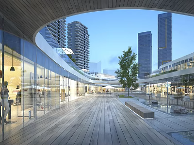 Modern Commercial Street with Glass Facades Pedestrian Walkway Trees and High Rise Buildings 3d model