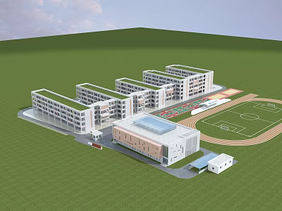 Modern School Campus Buildings With Classroom Blocks Sports Field And Green Lawns 3d model
