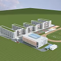 Modern School Campus Buildings With Classroom Blocks Sports Field And Green Lawns