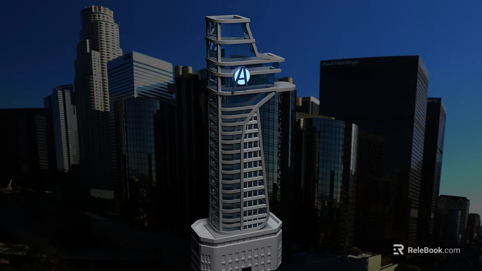 Modern Service Hall In Urban Skyscraper With Iconic Logo And City Skyline 3d model 