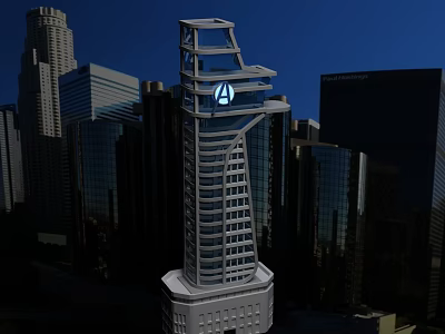 Modern Service Hall In Urban Skyscraper With Iconic Logo And City Skyline 3d model