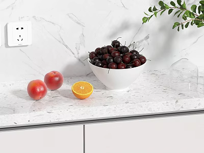 Fresh Cherries in White Bowl with Peaches and Sliced Orange on Marble Countertop 3d model
