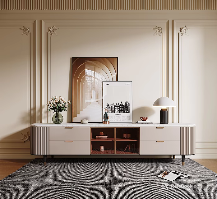 Elegant TV Stand with Drawers Open Shelves and Decorative Vase Lamp Artwork 3d model 