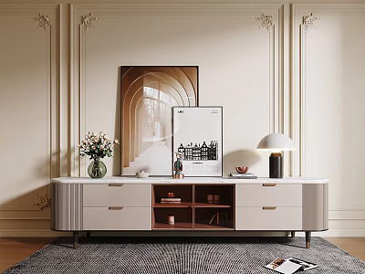 Elegant TV Stand with Drawers Open Shelves and Decorative Vase Lamp Artwork 3d model
